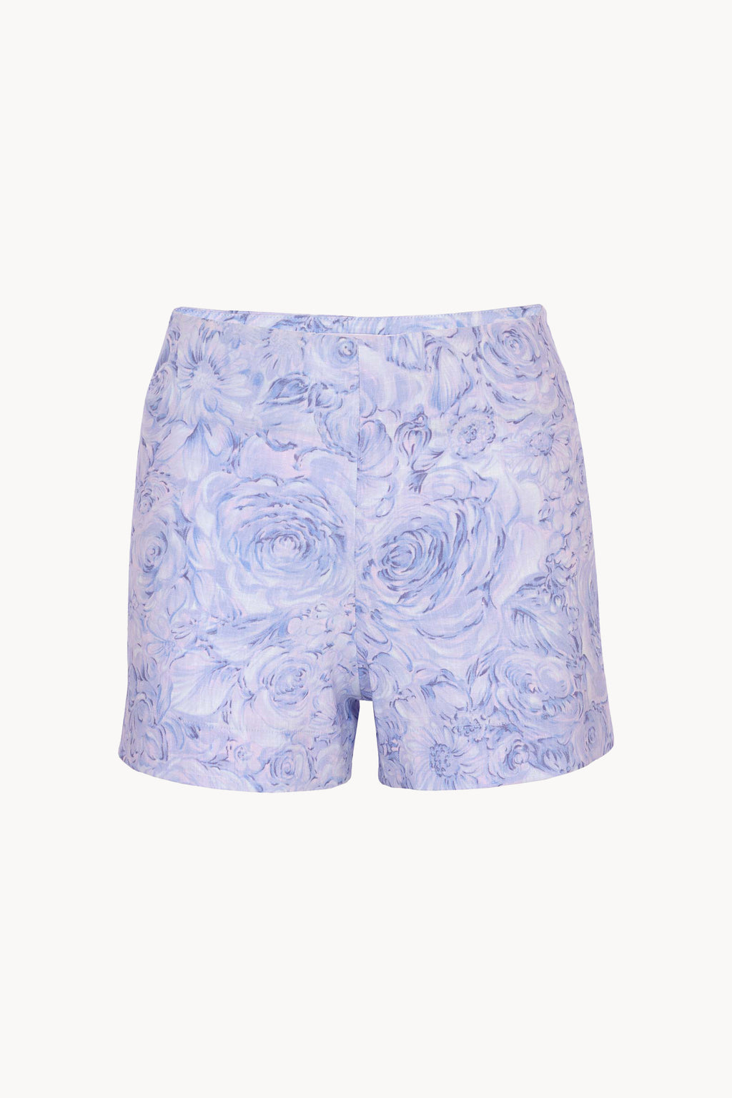 Pantaloncini di lino stampati con rose lilla
