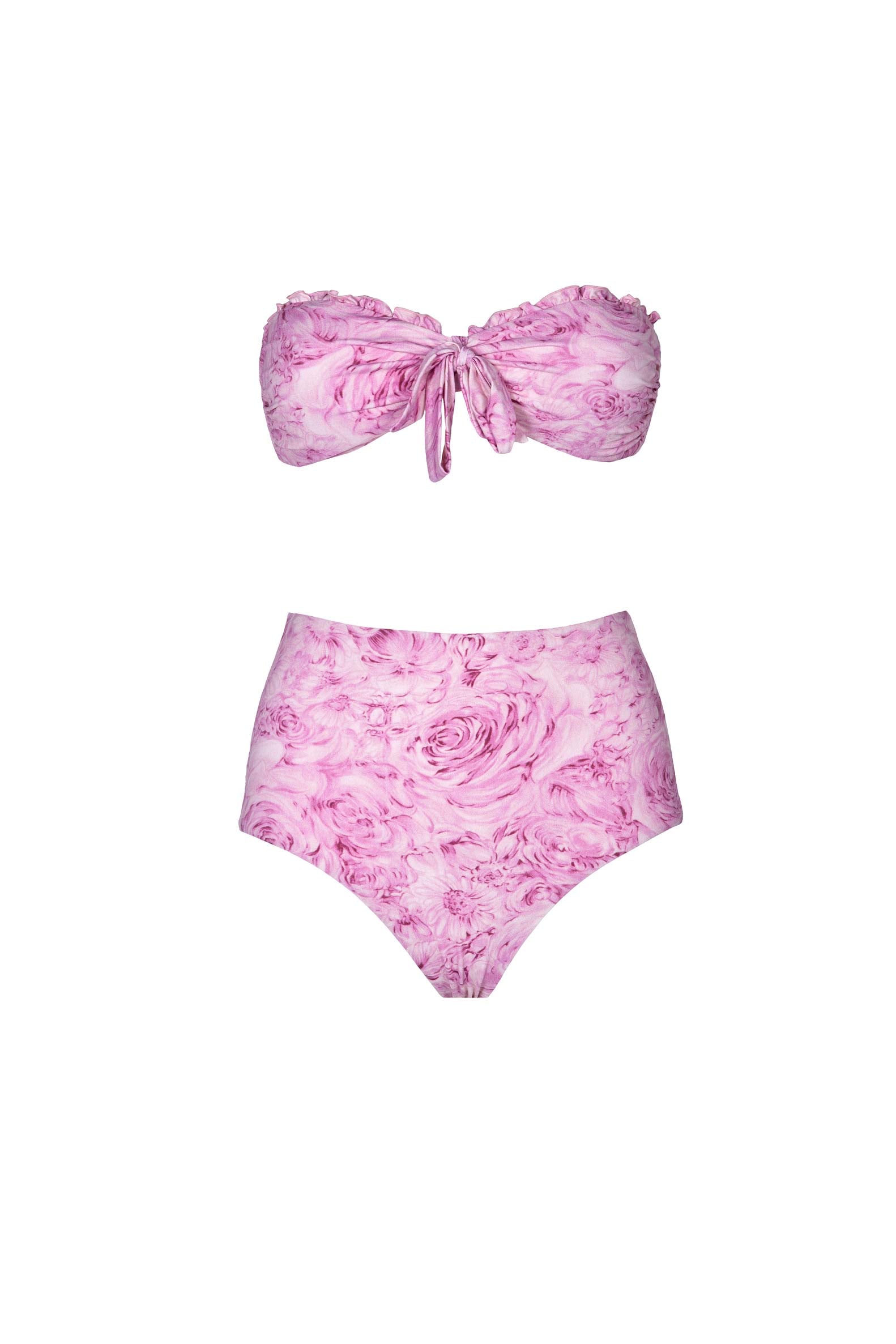 Bikini a fascia e slip a vita alta con rose rosa