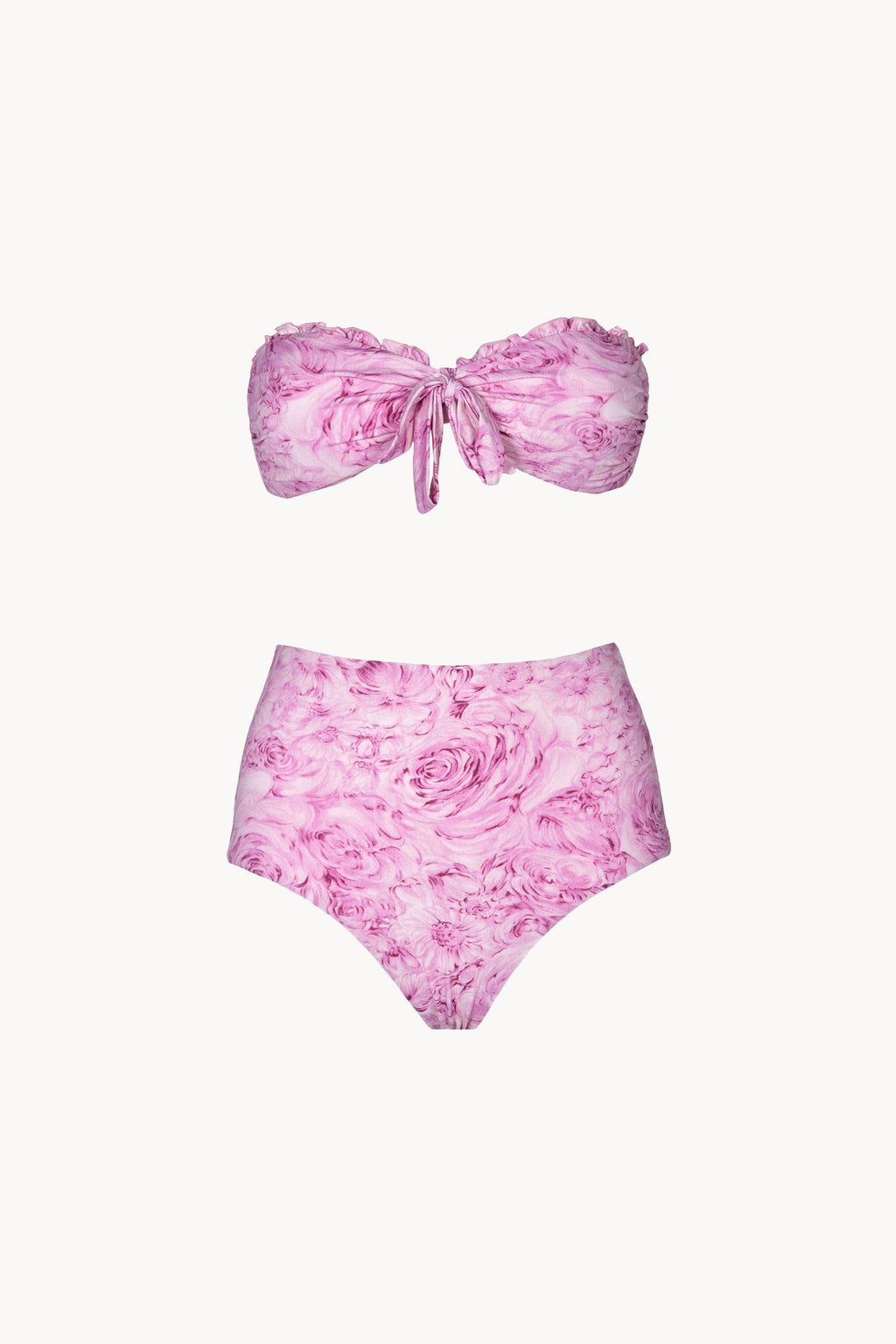 Bikini a fascia e slip a vita alta con rose rosa