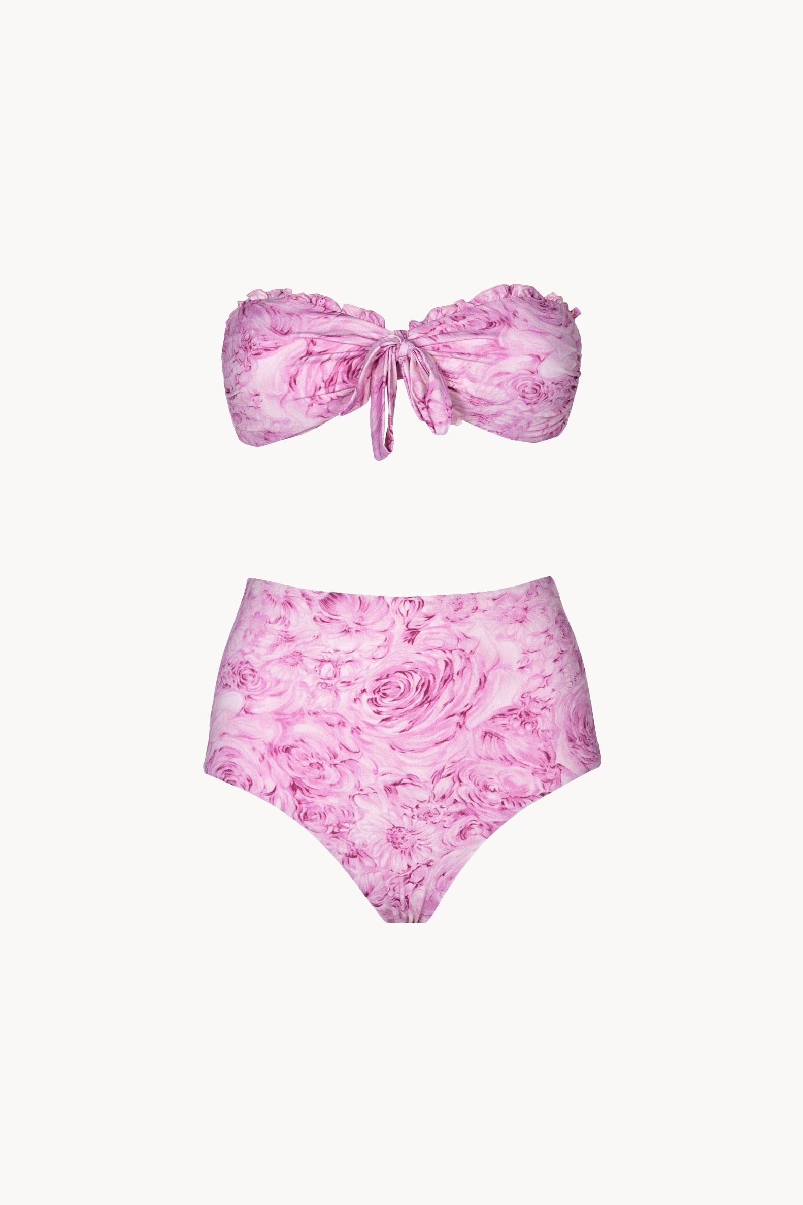 Bikini a fascia e slip a vita alta con rose rosa
