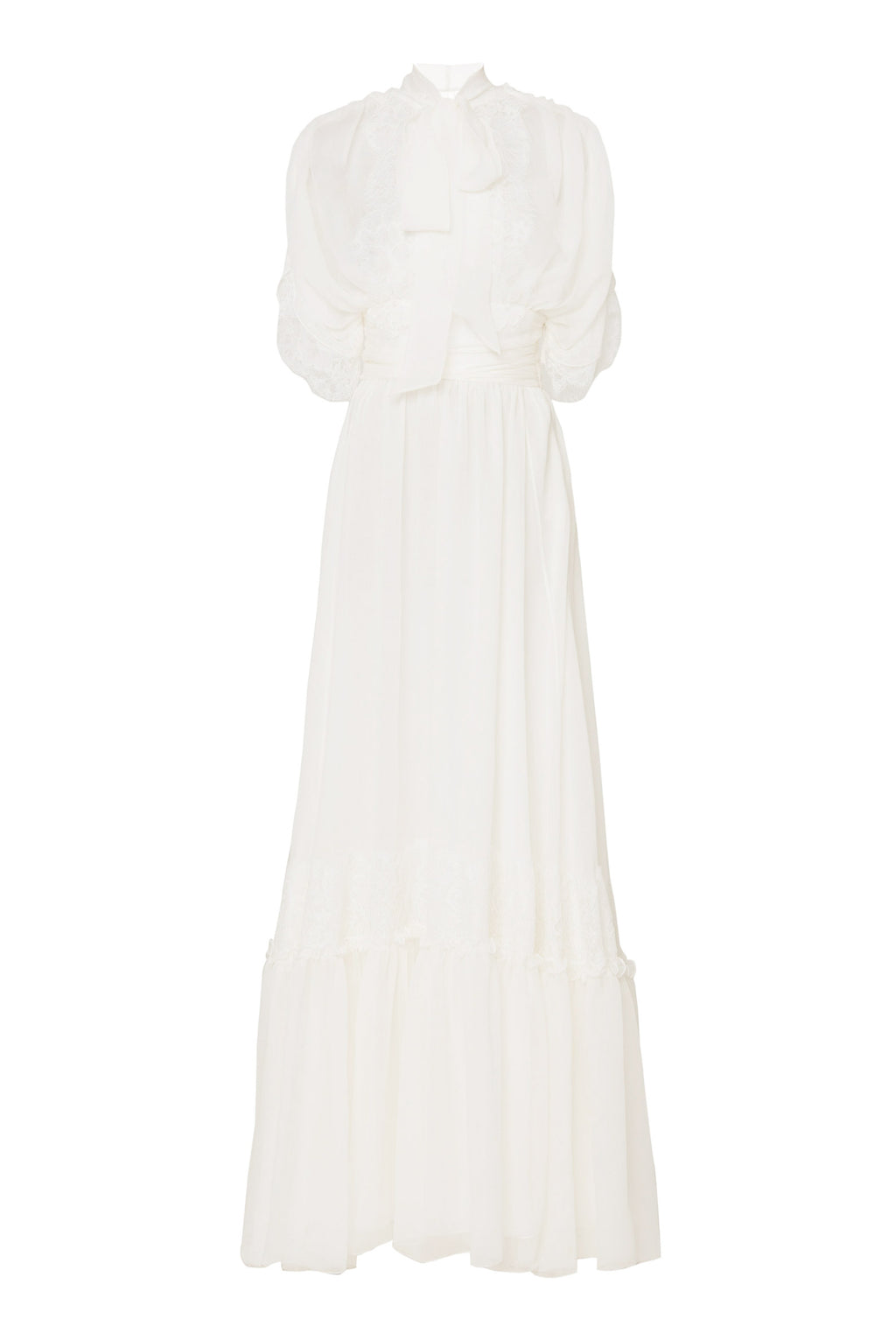Abito lungo in chiffon crepon con pizzo bianco