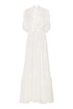 Abito lungo in chiffon crepon con pizzo bianco
