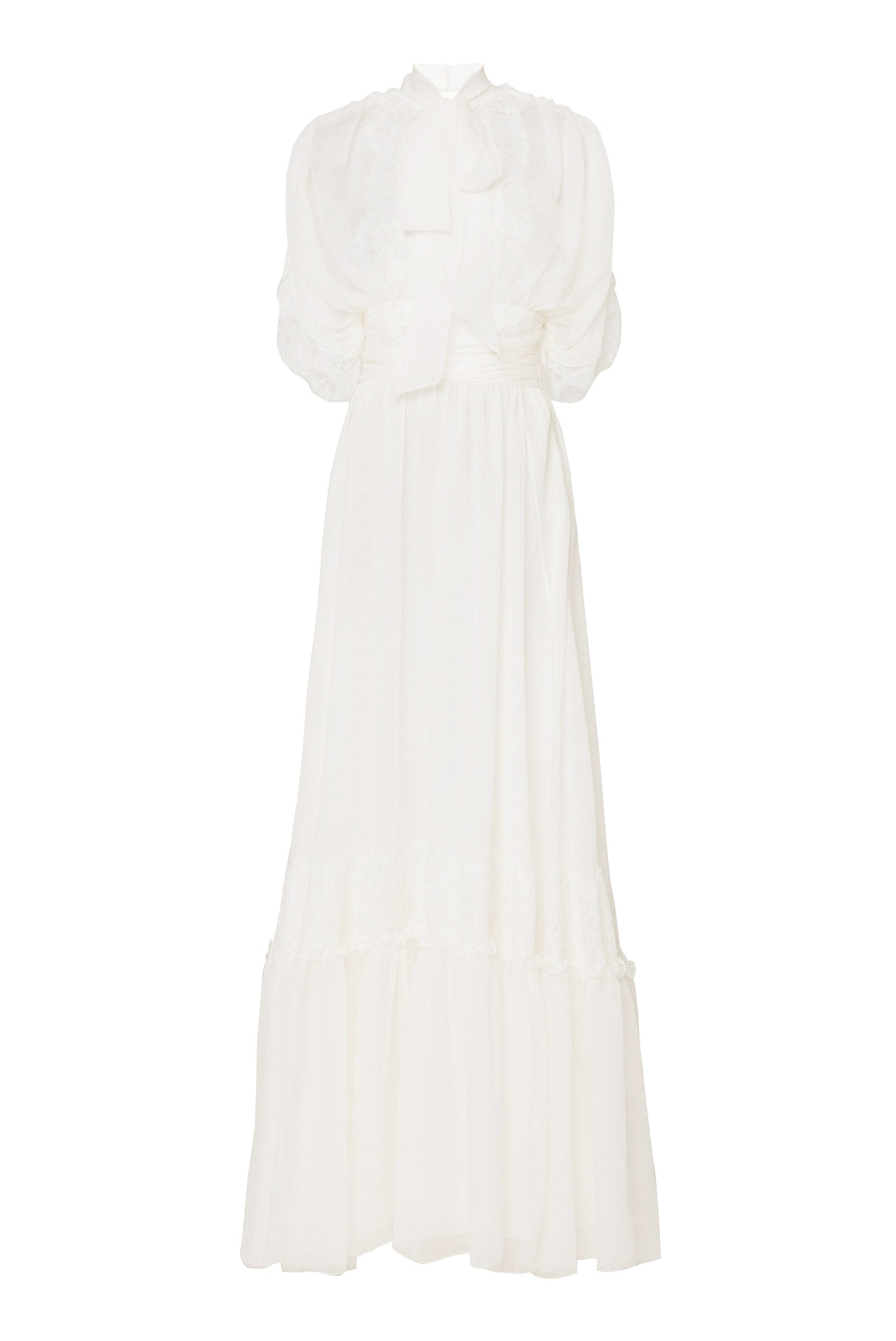 Abito lungo in chiffon crepon con pizzo bianco