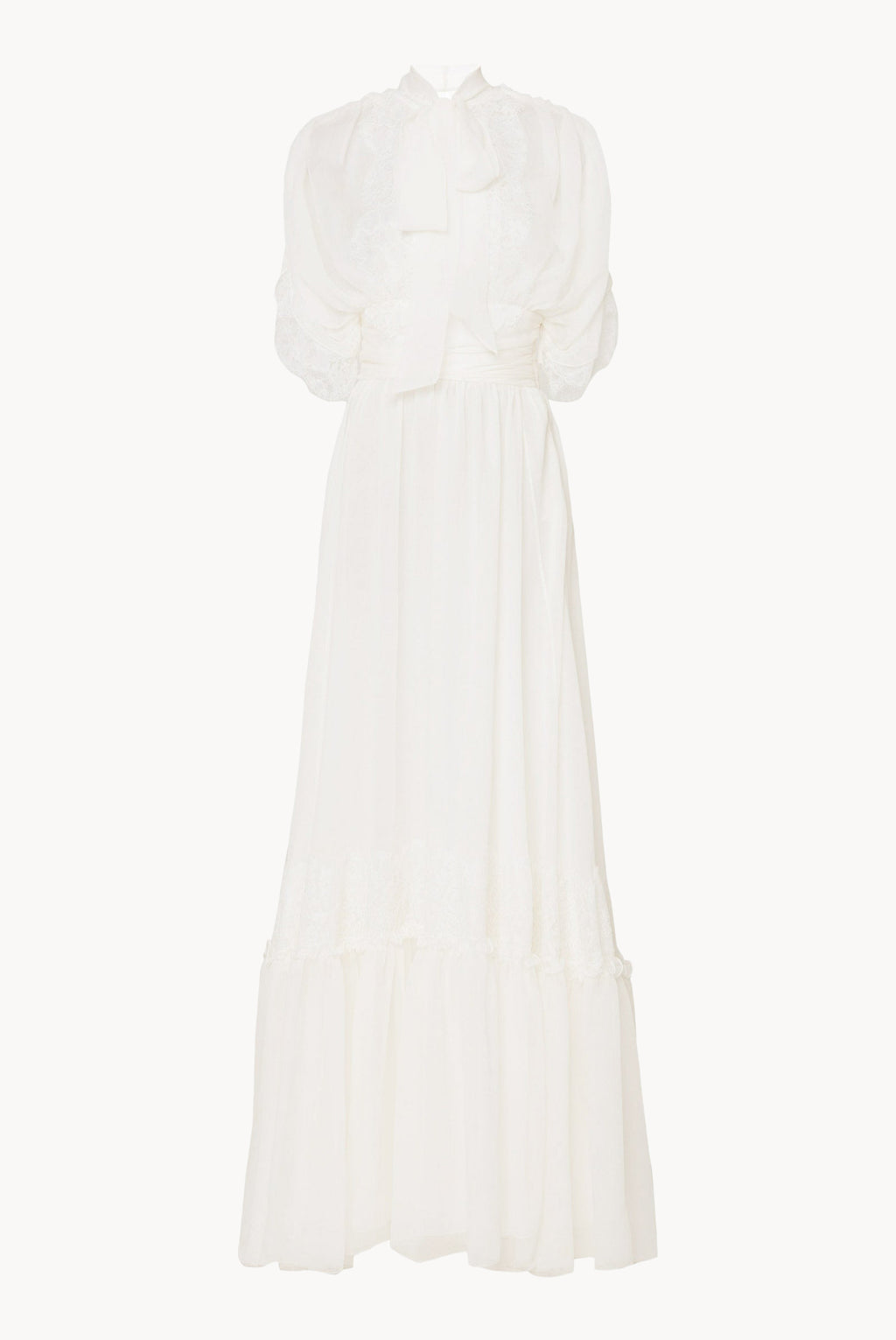 Abito lungo in chiffon crepon con pizzo bianco