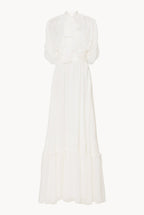 Abito lungo in chiffon crepon con pizzo bianco