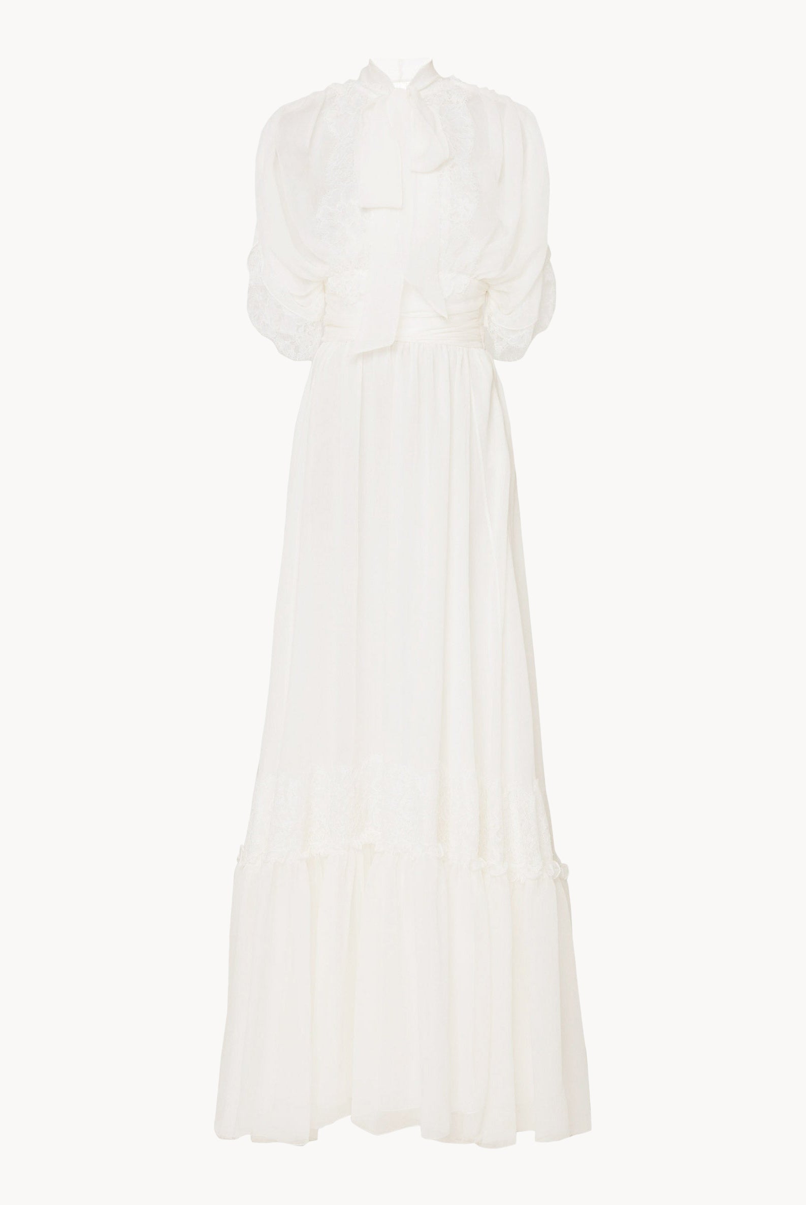 Abito lungo in chiffon crepon con pizzo bianco