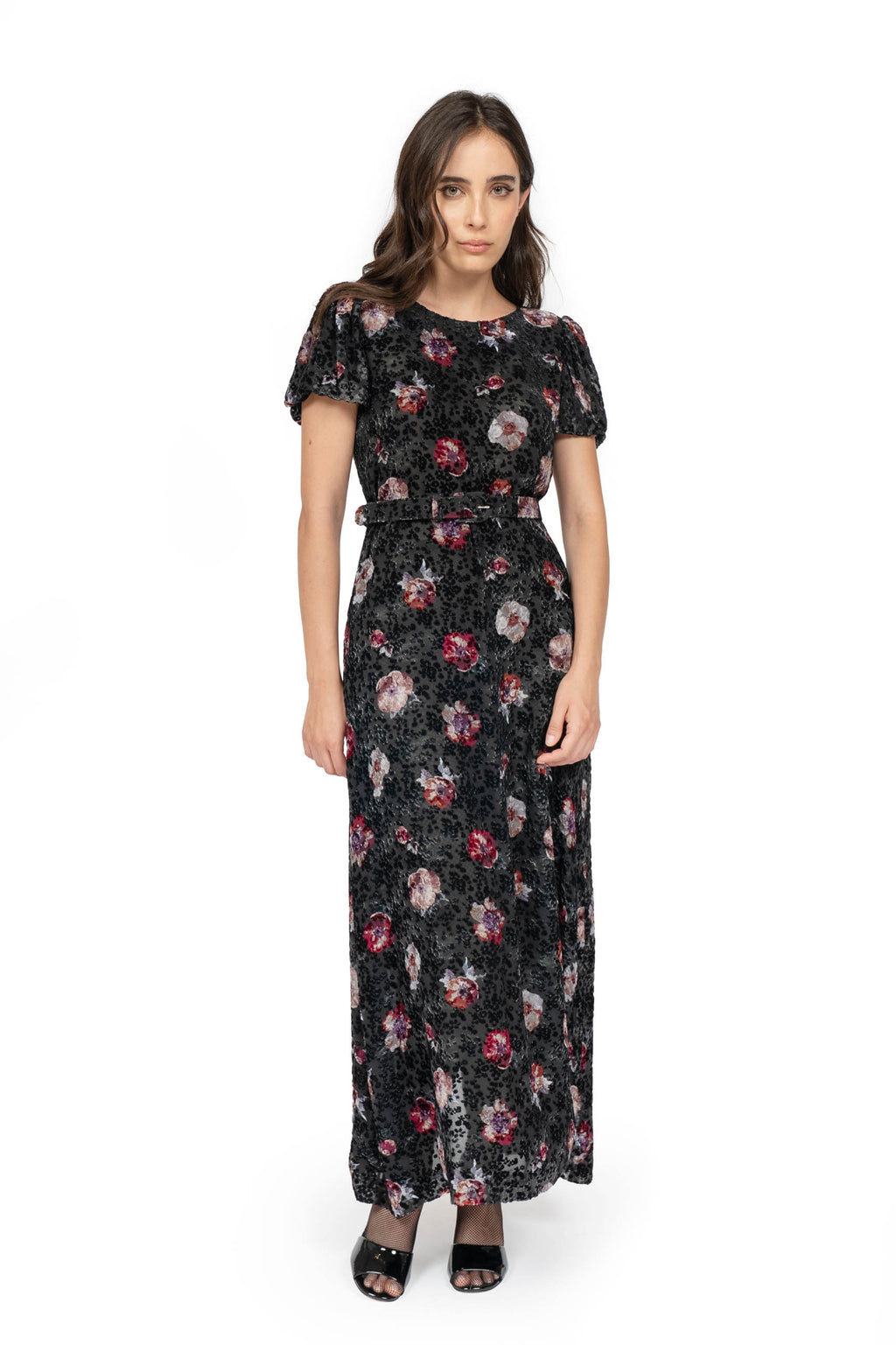 Vestito Devoré Nero con Fiore di Viola del Pensiero