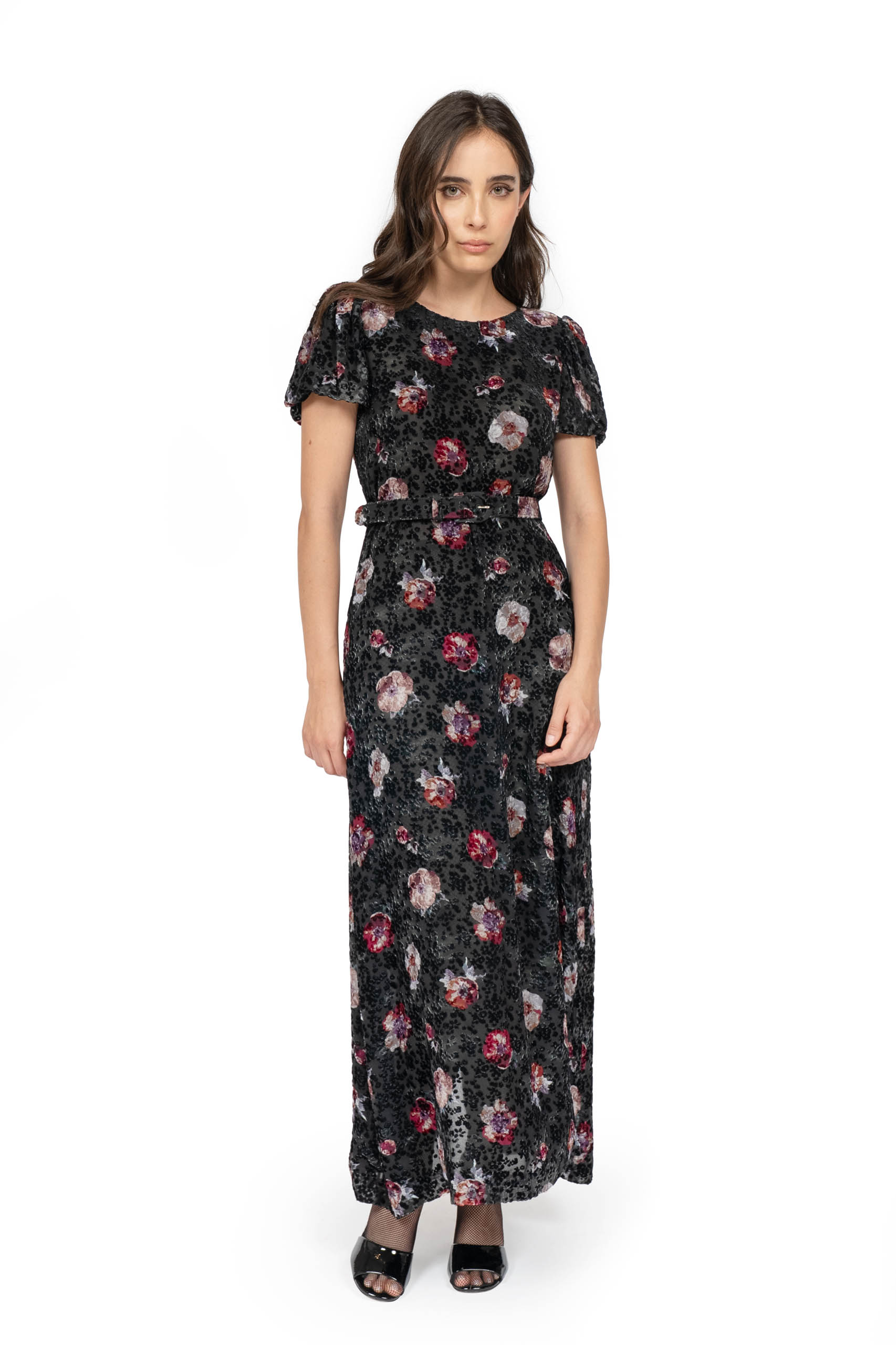 Vestito Devoré Nero con Fiore di Viola del Pensiero