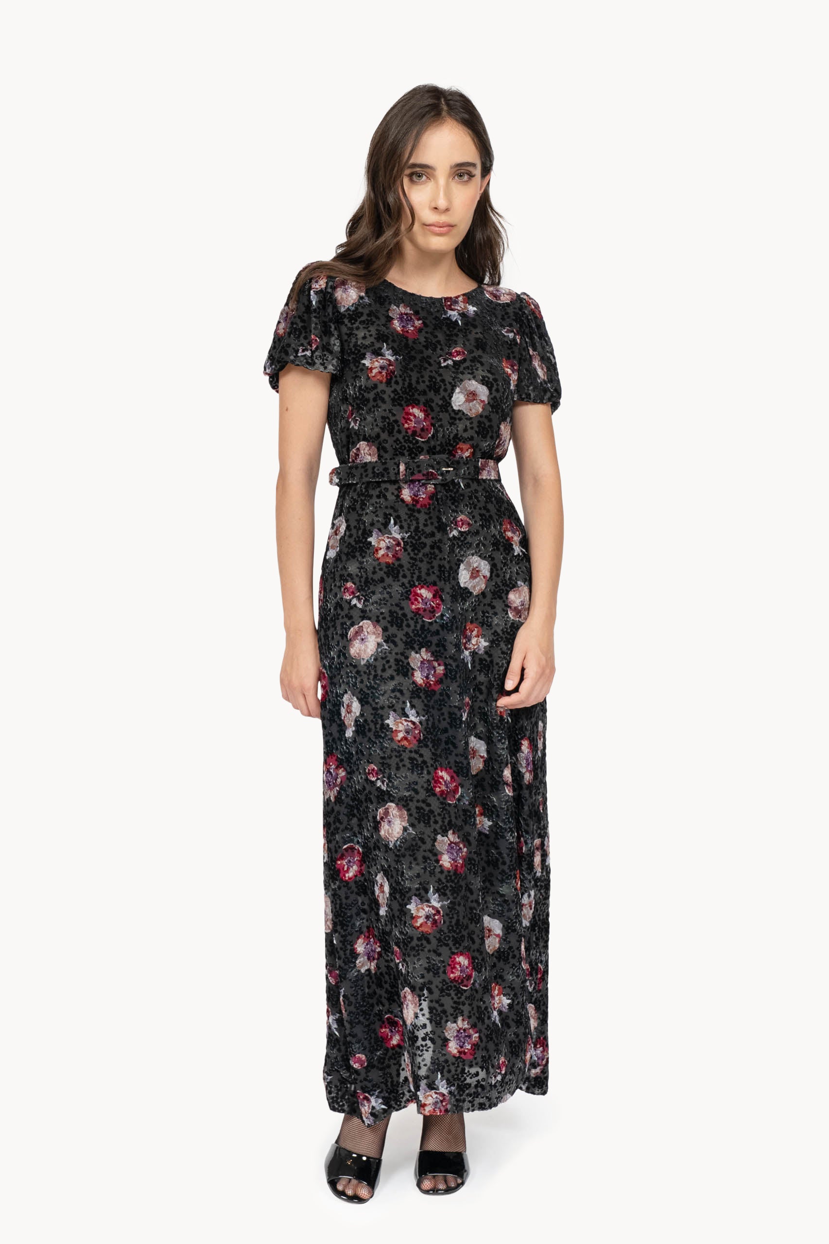 Vestito Devoré Nero con Fiore di Viola del Pensiero