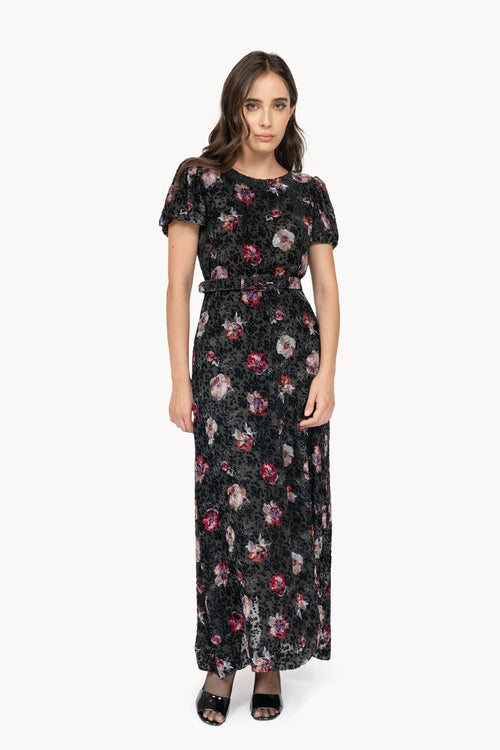 Vestito Devoré Nero con Fiore di Viola del Pensiero