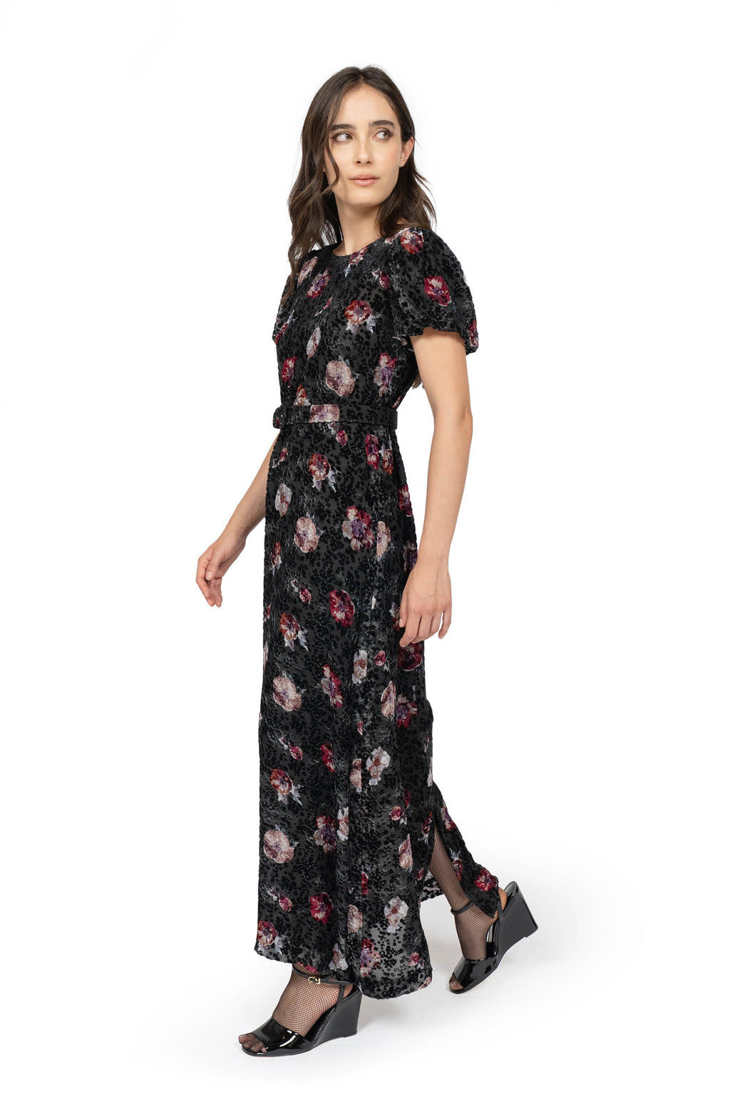 Vestito Devoré Nero con Fiore di Viola del Pensiero